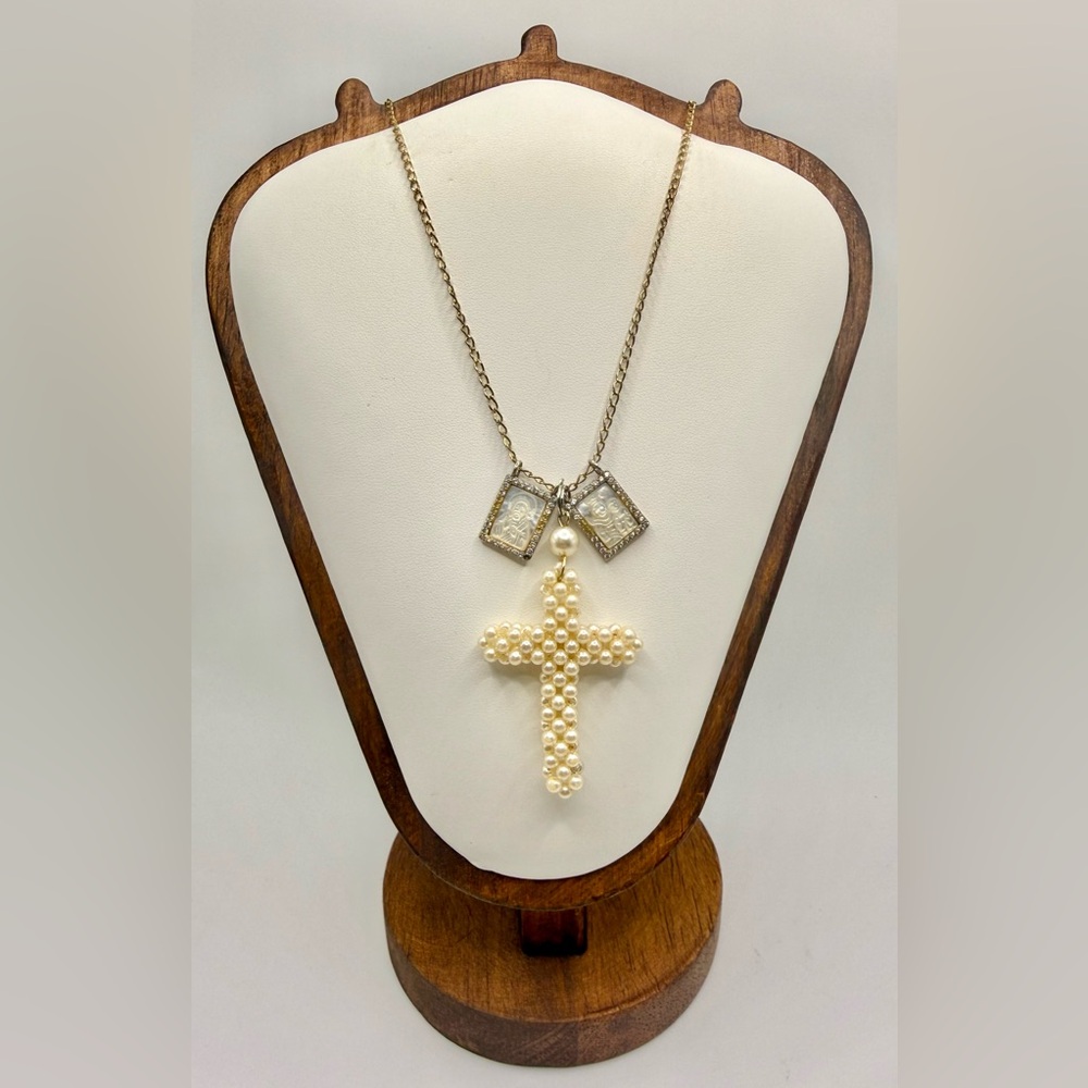 Silver Cross Necklace Faux Pearl Beaded Cross Mother of Pearl